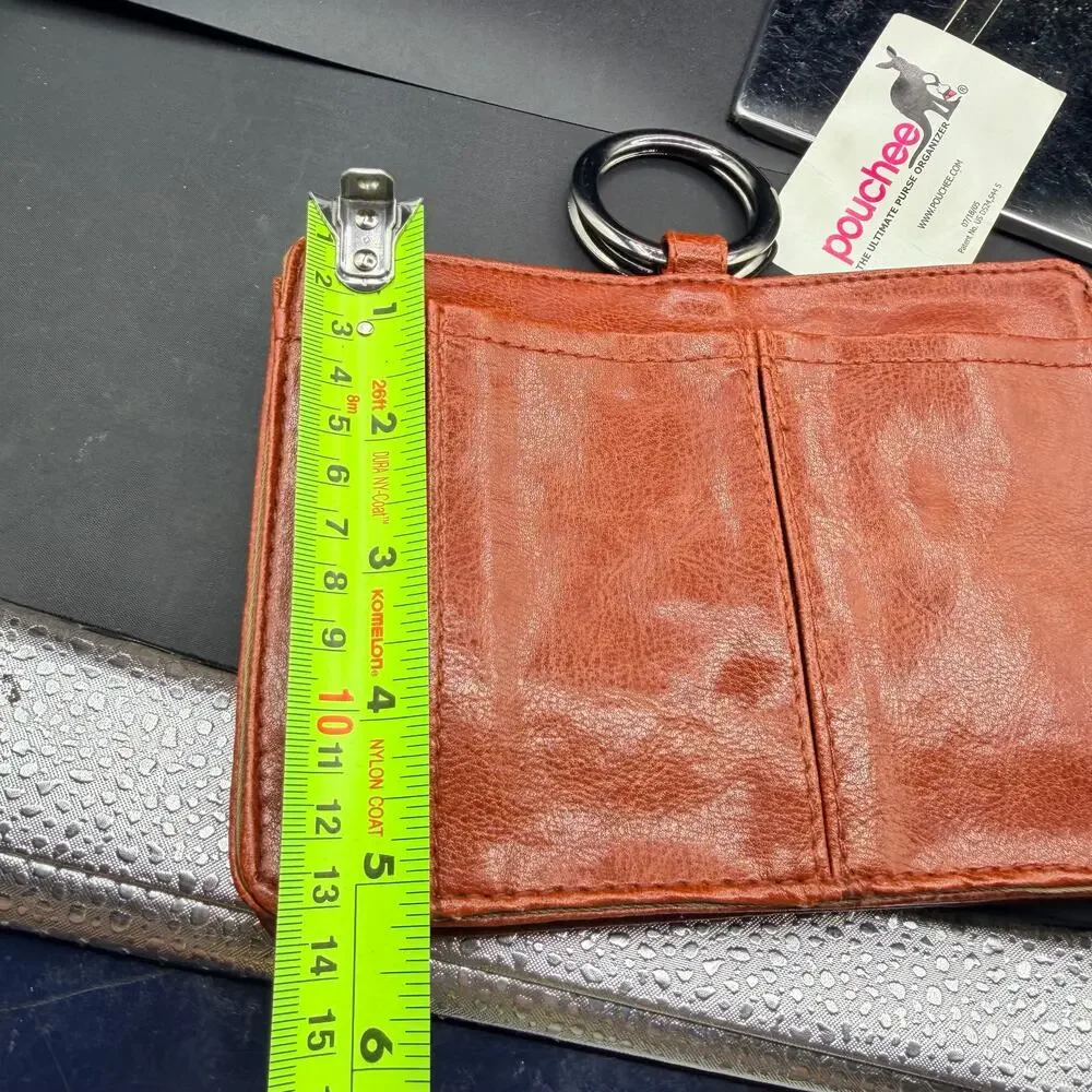 Pouchee Leather Purse Organizer Insert Cognac Brown Ring Handle Wallet